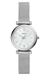 Fossil Women's Mini Carlie Stainless Steel Mesh Bracelet Watch 28mm In Silver/mother Pearl/silver