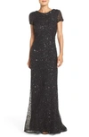 ADRIANNA PAPELL SHORT SLEEVE SEQUIN MESH GOWN,091874602