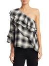 ALICE AND OLIVIA HILARIA ONE-SHOULDER BELL-SLEEVE TIERED RUFFLED ASYMMETRIC PLAID TOP,0400099294479