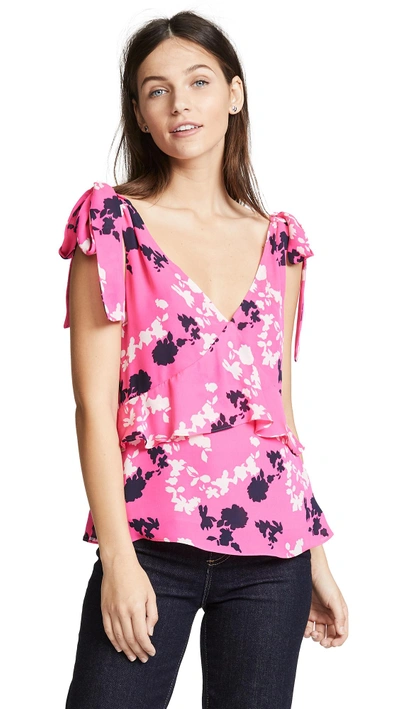Tanya Taylor Sierra Printed Silk Shoulder Tie Blouse In Hot-pink