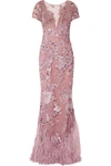 ZUHAIR MURAD FEATHER-TRIMMED EMBELLISHED SILK-BLEND TULLE GOWN