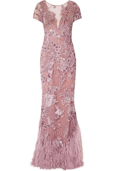 Zuhair Murad Feather-trimmed Embellished Silk-blend Tulle Gown In Antique Rose