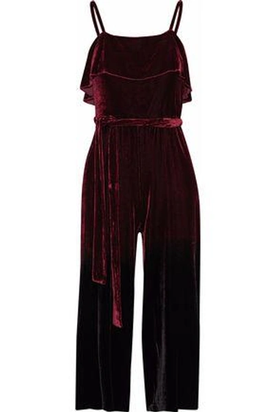 Alice And Olivia Ally Cropped Ruffled Velvet Jumpsuit In Burgundy
