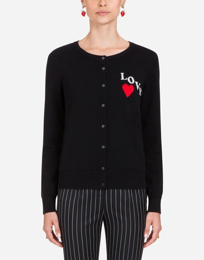 Dolce & Gabbana Crewneck Button-front Long-sleeve Cashmere Cardigan W/ Love Patch In Black