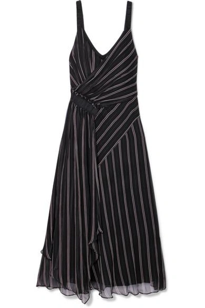 Jason Wu Grey Striped Gathered Silk-chiffon Wrap-effect Midi Dress In Black