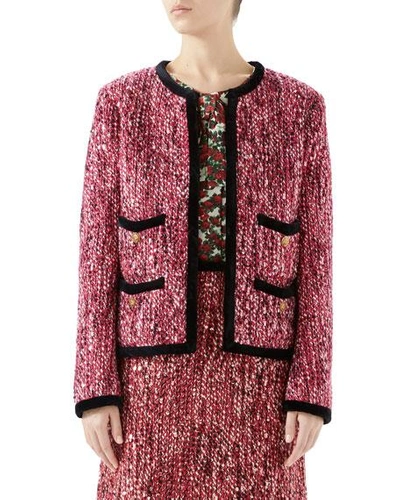 Gucci Embellished Tweed Jacket W/velvet & Cat Buttons Trim In Rose