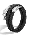 John Hardy Sterling Silver Legends Naga Double Coil Bracelet With Braided Black Leather & Sapphire Eyes In Black
