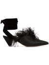 ATTICO BLACK FEATHER EMBELLISHED 45 VELVET AND SATIN MULES