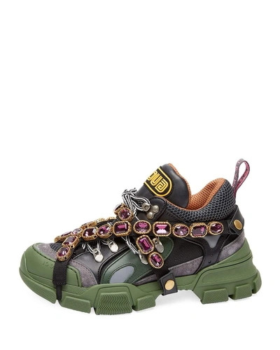 Gucci Flashtrek Embellished Logo-embossed Mesh, Leather And Suede Sneakers In Black,green