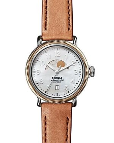Shinola The Runwell Moon Phase Leather Strap Watch, 38mm In Bourbon/ White Mop/ Gold