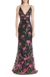 MARCHESA NOTTE EMBROIDERED LACE & FEATHER TRIM GOWN,N25G0653
