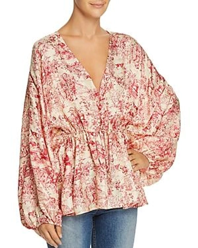 Elizabeth And James Angela Printed Silk V-neck Top With Cinched Waist In Sand