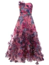 MARCHESA NOTTE FLORAL PRINT STRAPLESS BALL GOWN