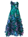 MARCHESA NOTTE STRAPLESS 3D FLORAL EMBROIDERED DRESS