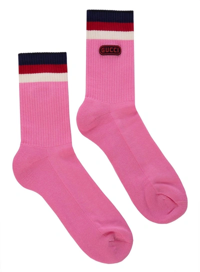 Gucci Men's Game-patch Cotton-blend Socks With Web Cuff, Pink In Rosa