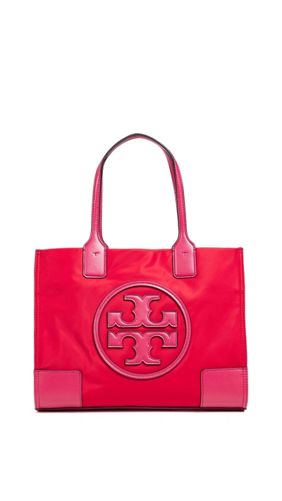 Tory Burch Ella Colourblock Nylon Logo Tote Bag In Brilliant Red / Bright Azalea