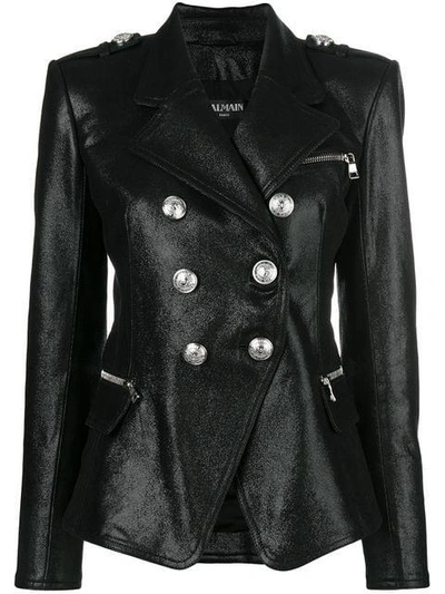 Balmain Classic Double-breasted Leather Blazer In Black