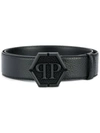 PHILIPP PLEIN LOGO PLAQUE EMBOSSED BELT