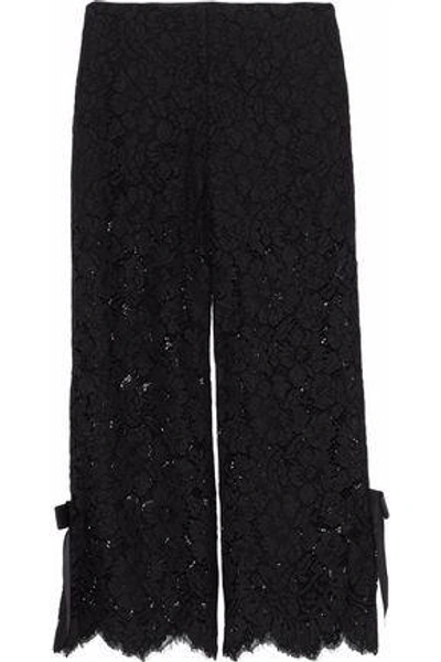 Ganni Woman Cropped Bow-embellished Corded Lace Wide-leg Trousers Black