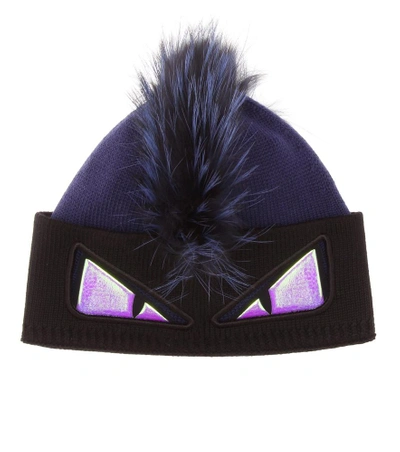 Fendi Monster Knit & Fur Beanie Hat In Blue