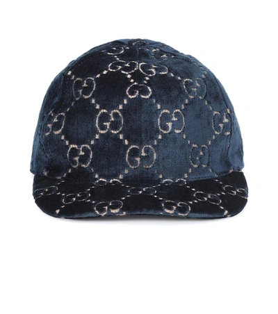 Gucci Gg Embroidered Velvet Baseball Cap In Blue