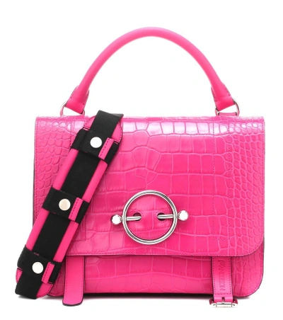 Jw Anderson Pink Disc Croc Leather Satchel Bag In Pink/purple