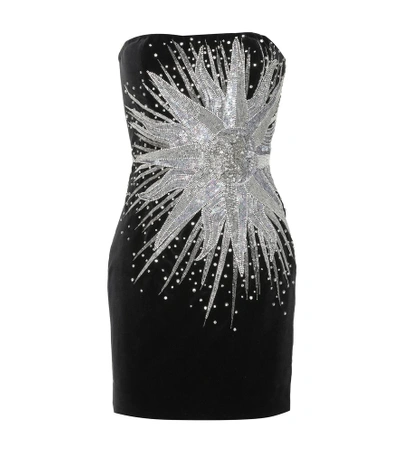 Balmain Strapless Embellished Cotton-velvet Mini Dress In Noir/crystal