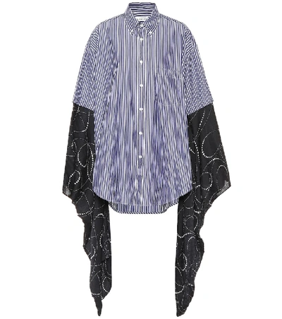 Balenciaga Oversized Striped Cotton-poplin And Printed Silk-georgette Shirt In Dark Blue