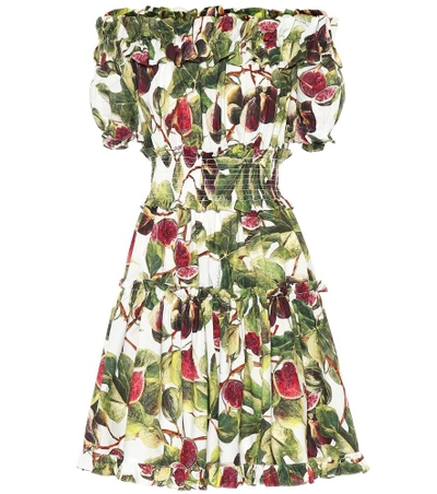 Dolce & Gabbana Off-the-shoulder Printed Ruffle Mini Dress In Green