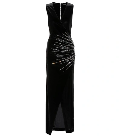 Balmain Sleeveless V-neck Crystalized-starburst Velvet Evening Dress In Black