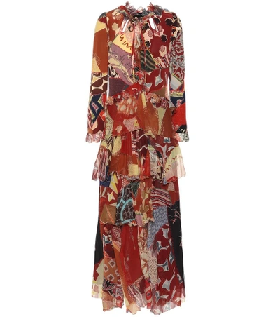 Etro Mixed-print Long-sleeve Long Silk Gown