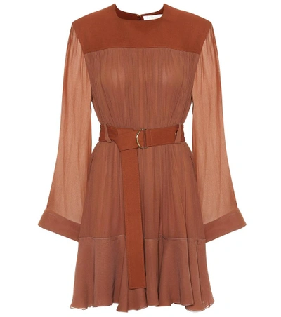 Chloé Belted Mousseline And Silk-blend Crepe Mini Dress In Tan
