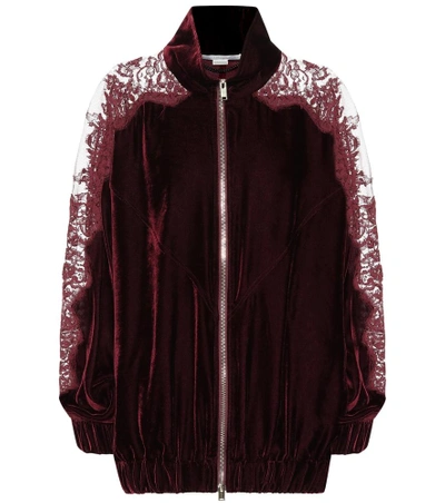 Stella Mccartney Zip-front Velvet Bomber Jacket With Lace Inset In Red
