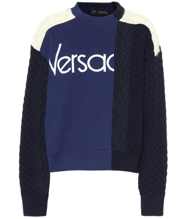 Versace Paneled Cable-knit Wool And Cotton-jersey Jumper In Navy Blue