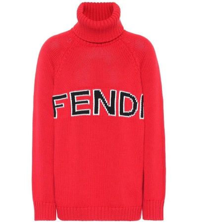 Fendi Logo嵌花初剪羊毛针织毛衣 - 红色 In Red