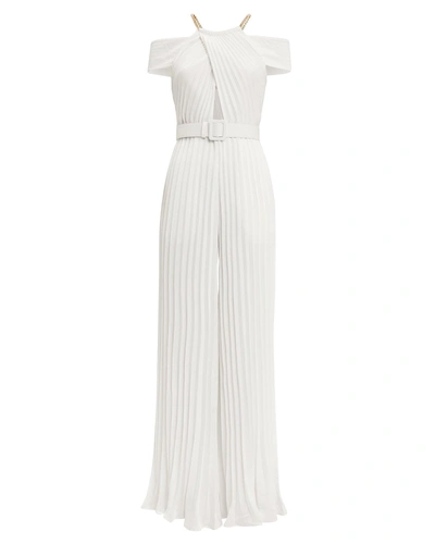 Self-portrait Across The Shoulder Pleated Jumpsuit In Ivory