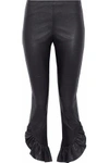 CINQ À SEPT WOMAN GIONATA CROPPED RUFFLE-TRIMMED LEATHER SLIM-LEG trousers BLACK,US 1188406768798038