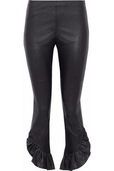 Cinq À Sept Woman Gionata Cropped Ruffle-trimmed Leather Slim-leg Trousers Black