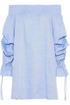 REBECCA MINKOFF WOMAN NICOLA OFF-THE-SHOULDER GATHERED COTTON-CHAMBRAY TOP LIGHT BLUE,GB 1874378723122132