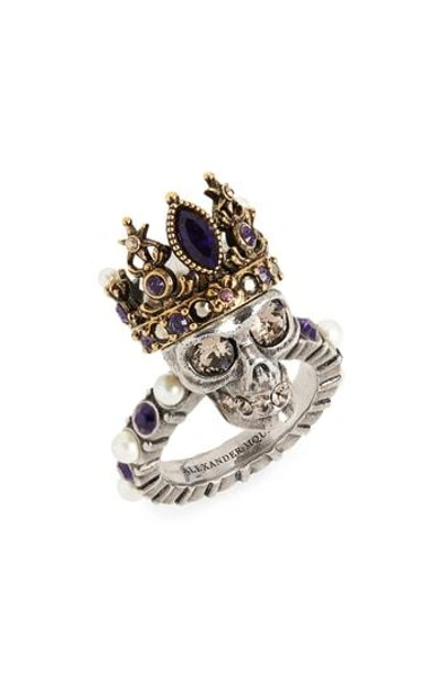 Alexander Mcqueen Skull Queen Ring In Gold/ Purple
