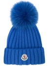 MONCLER MONCLER POMPOM EMBELLISHED LOGO BEANIE - BLUE