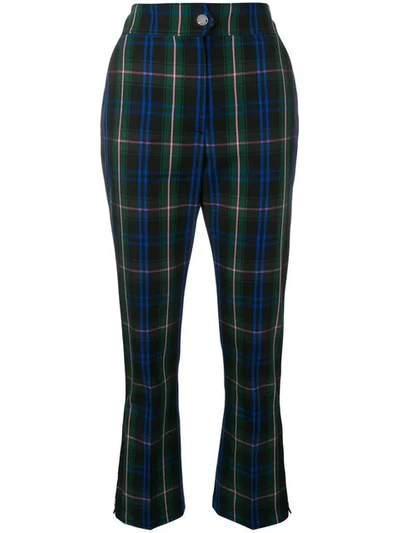 Msgm Button-detailed Checked Twill Straight-leg Trousers In Green/blue