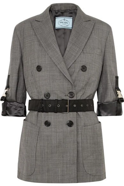 Prada Belted Double-breasted Checked Wool Blazer In Gray