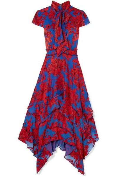 Alice And Olivia Ilia Ruffled Floral-print Crepe De Chine Midi Dress In Red