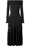 ALTUZARRA VENDAVAL OFF-THE-SHOULDER RUFFLED STRETCH-KNIT MIDI DRESS