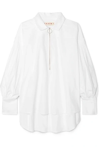Marni Long-sleeve Zip-neck Cotton Woven Shirt In White
