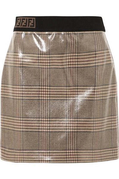 Fendi Prince Of Wales Checked Glossed-wool Mini Skirt In Grey