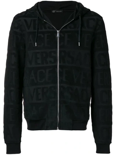 Versace Men's Zip-front Logo-embossed Hoodie Sweatshirt In Black