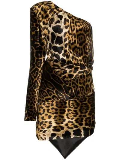 Saint Laurent Velvet Leopard Print One Shoulder Draped Mini Dress In Fawn & Gold