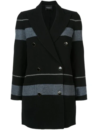 Emporio Armani Striped Double Breasted Wool & Cashmere Peacoat In Blue
